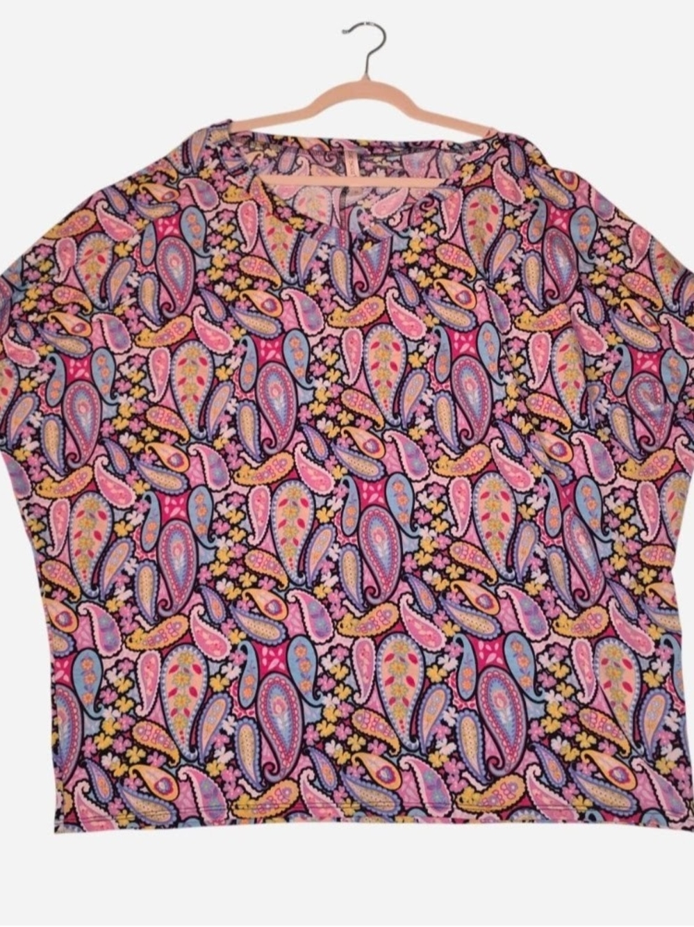 Paisley Print Short-Sleeve Blouse in Pink & Blue
